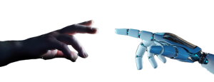 An image illustrating a harmonious collaboration between a human hand and a robot hand, poised in close proximity but not touching. This powerful visual symbolizes the idea that AI is designed not to replace humans but to complement and assist them, fostering a productive partnership between human intelligence and artificial intelligence